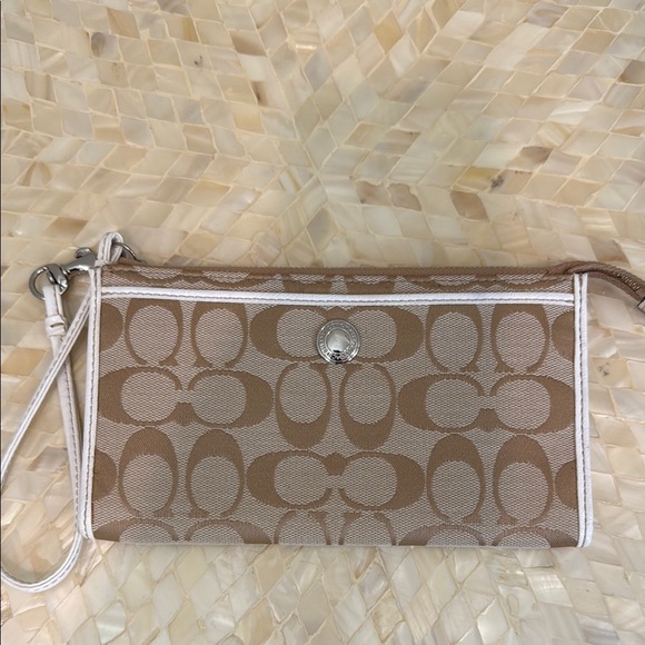 Coach Tan and White Signature Wristlet - Picture 1 of 8